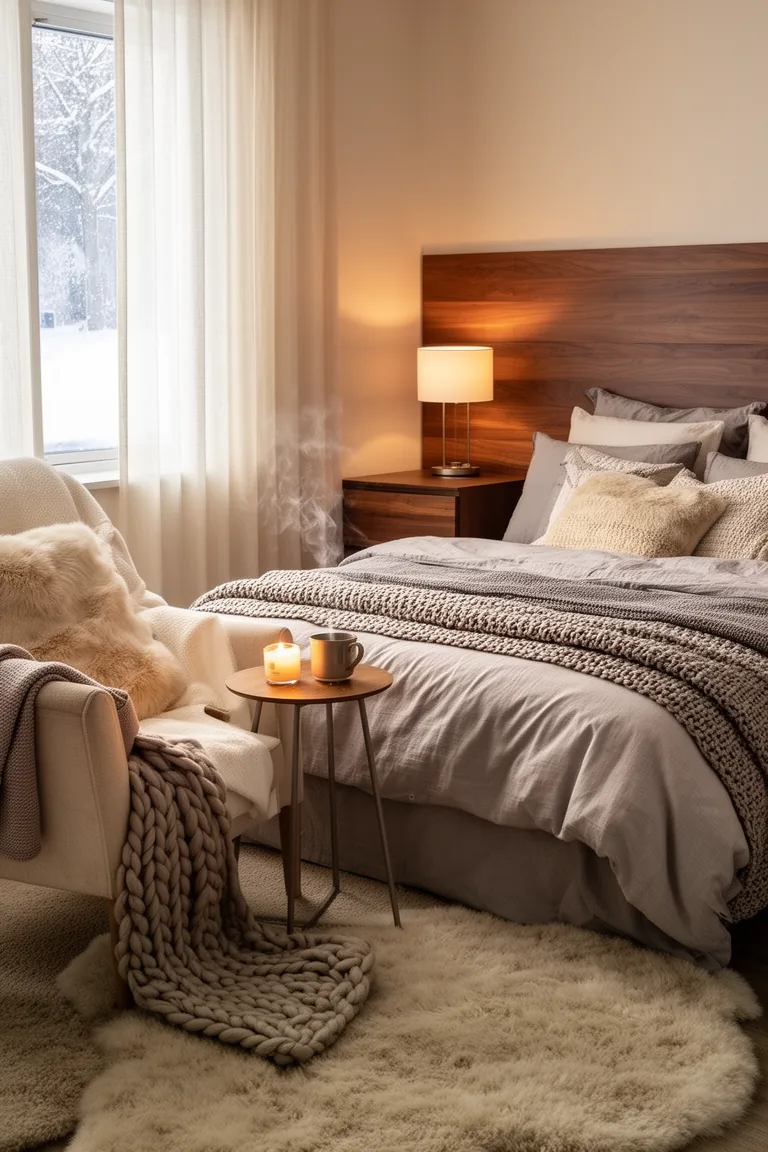 Cozy reading nook with an armchair, side table, mug and candle