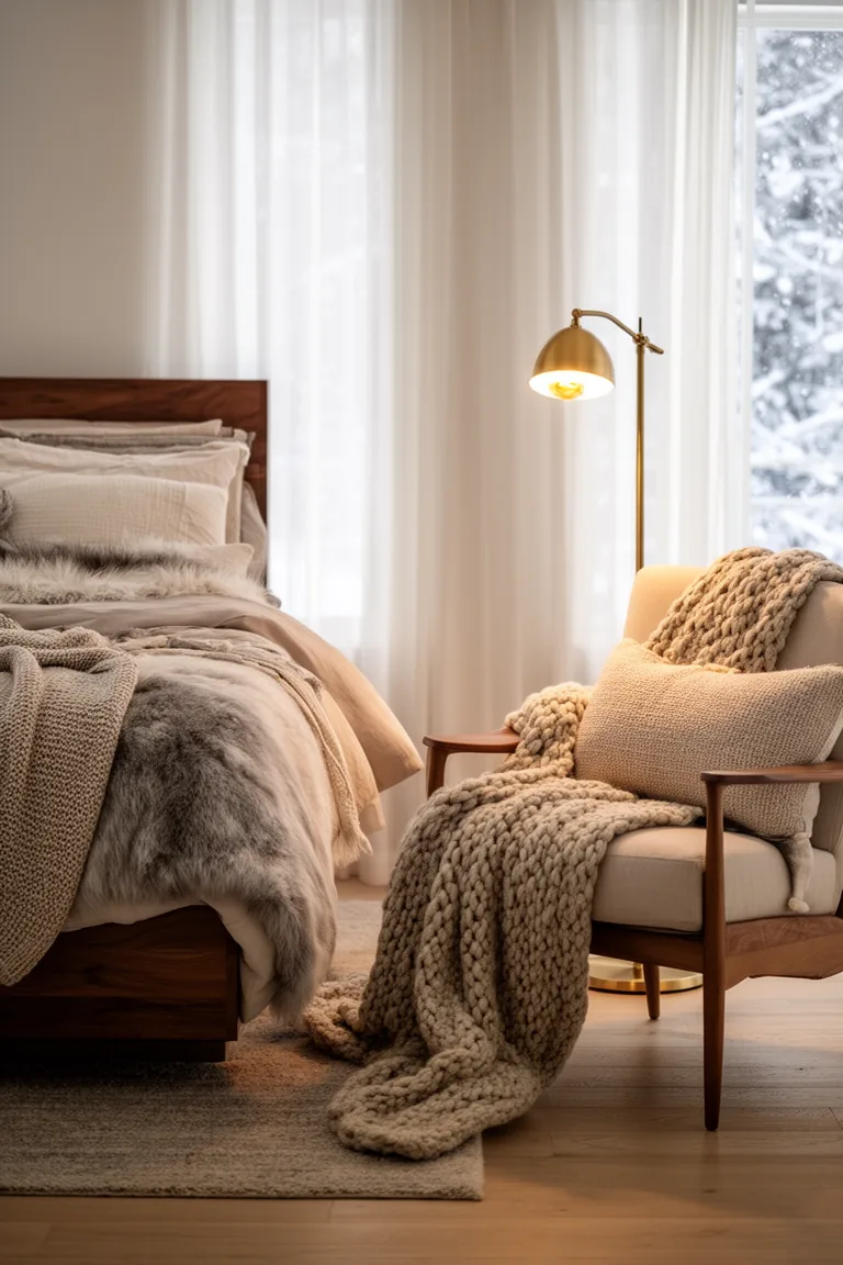 Slim brass floor lamp beside a chair piled with a cushion and wool throw