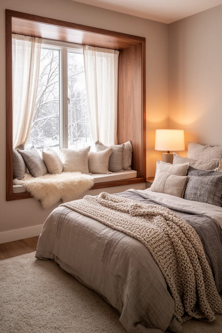 Window bed nook with pillows, sheepskin and a knit blanket in winter light