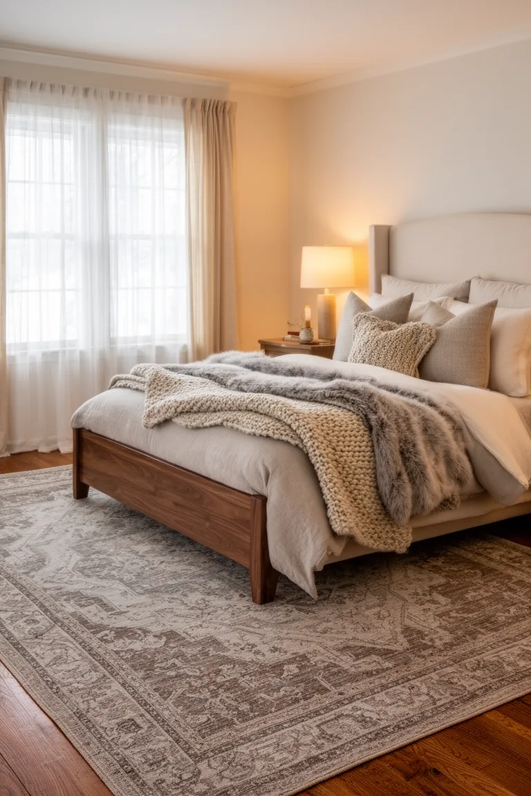 Large wool rug in a muted pattern layered over hardwood beside a bed
