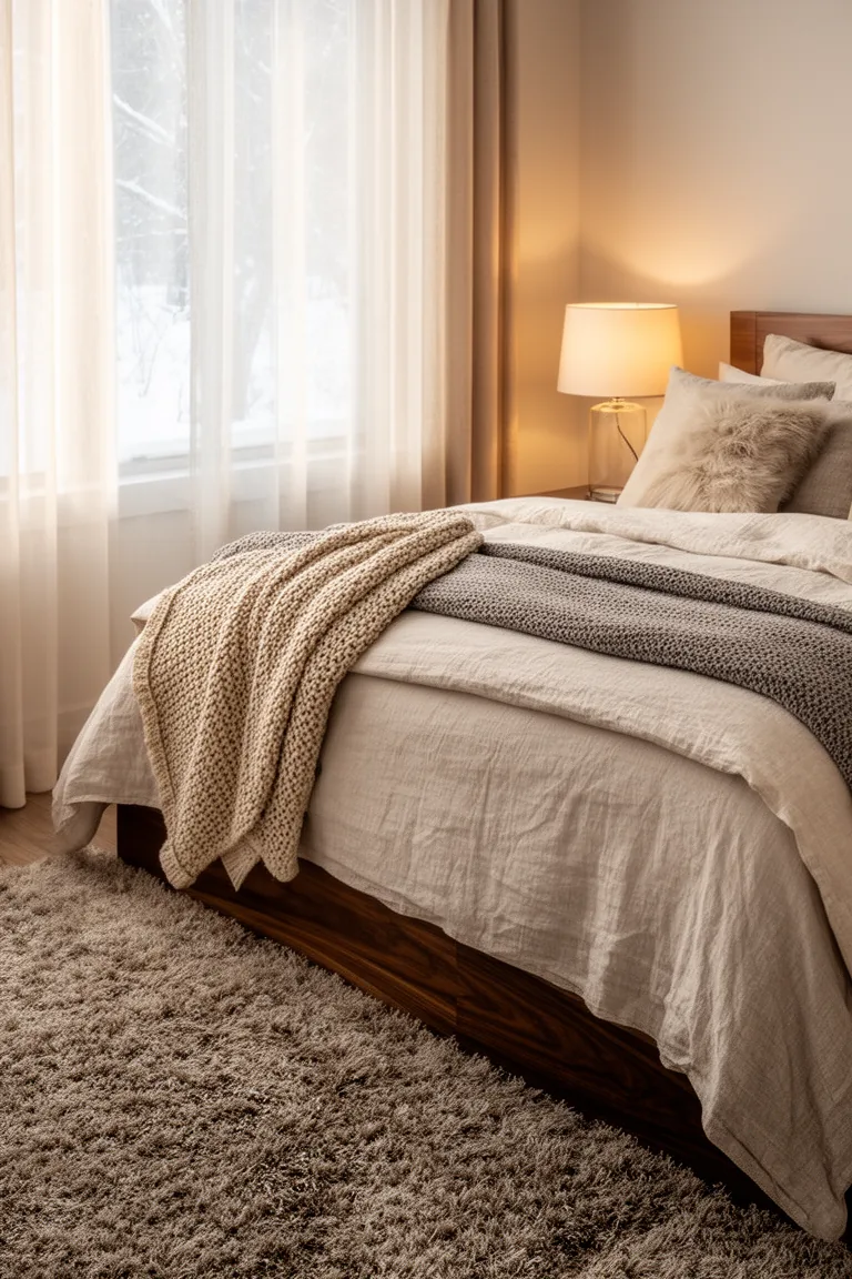 Plush neutral shag rug beside a bed with linen bedding