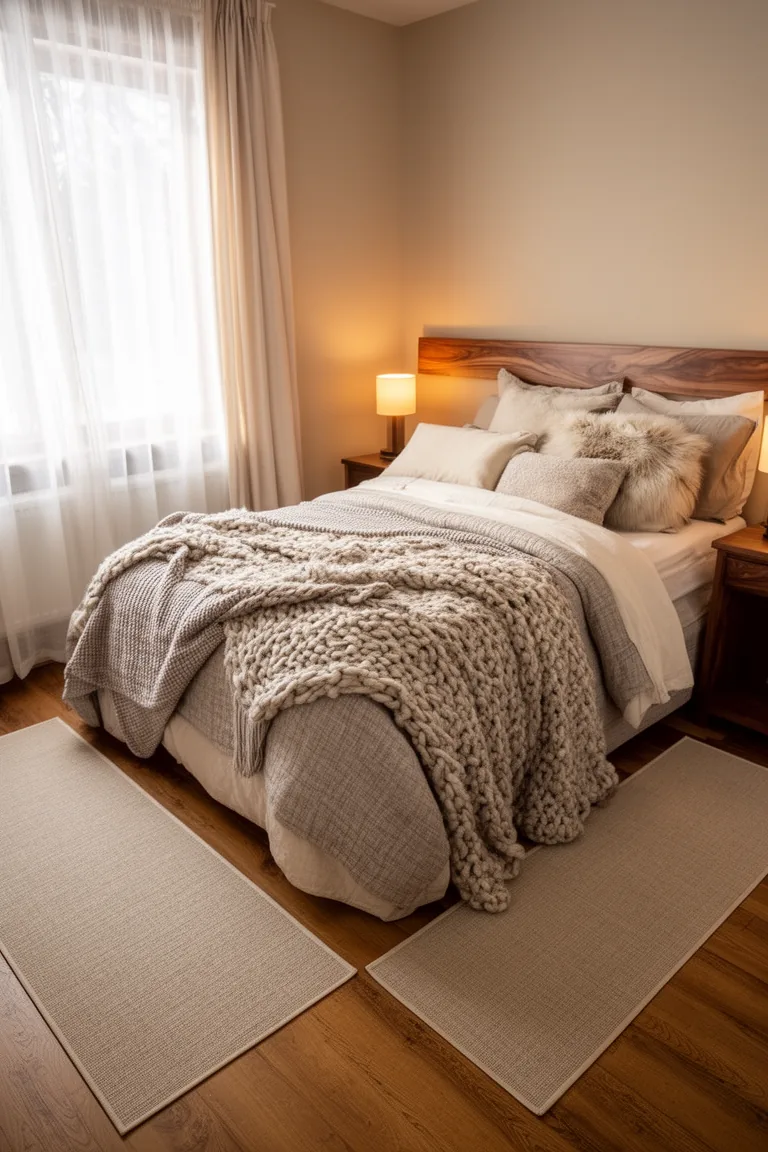 Two slim neutral runner rugs on either side of a bed