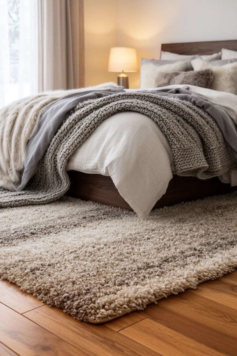 Closeup of a thick soft rug pile in oatmeal and taupe over hardwood