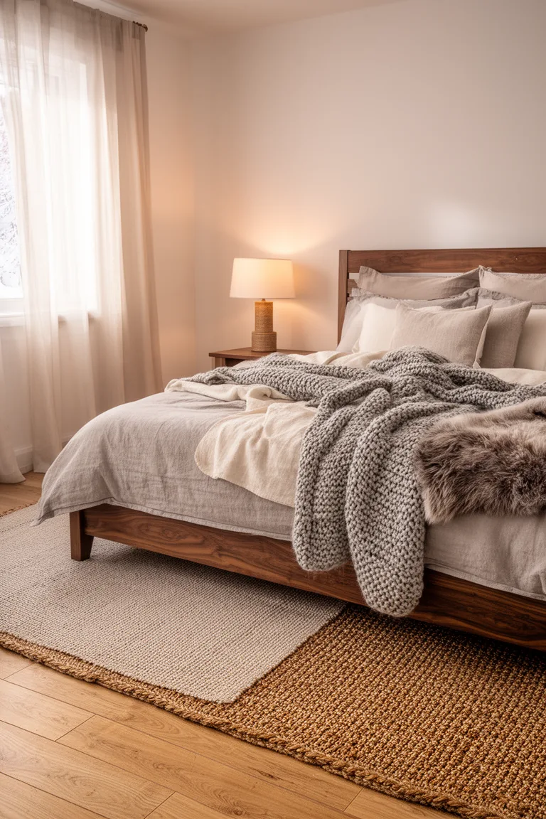 Flatweave neutral rug layered over a jute rug beside a bed