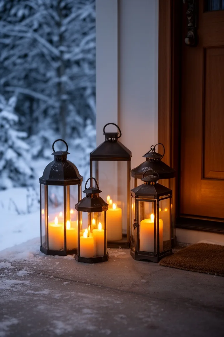 Cluster of three outdoor lanterns of different heights with warm glowing LED candles by a front door