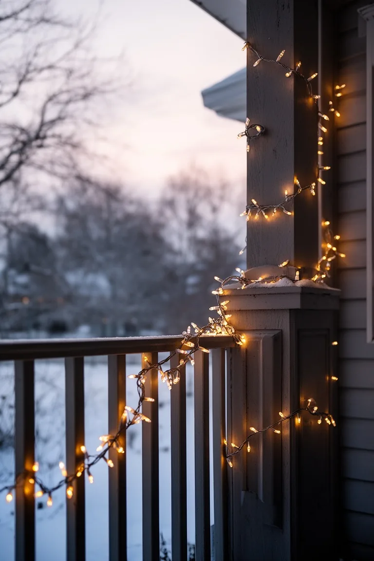 Warm white fairy string lights wrapped around a porch railing and column at dusk