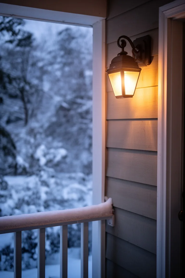 Evening porch lit by a soft white wall sconce beside a glowing lantern, warm and inviting