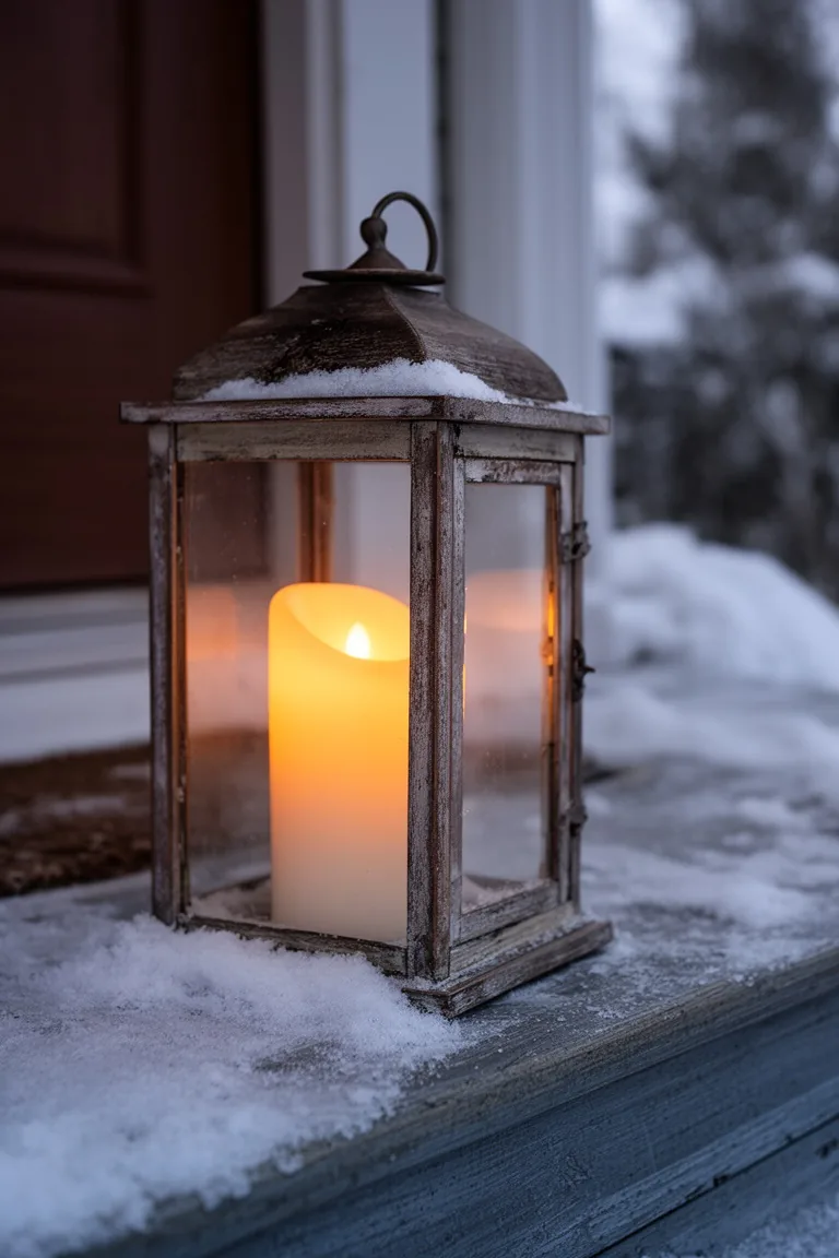 Rustic lantern with a flameless pillar candle glowing on a winter porch step at twilight