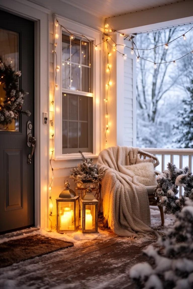 Snug winter porch corner softly lit by layered lanterns and string lights