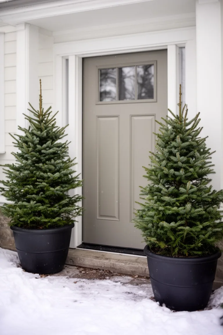 Front door flanked by two matching potted spruce trees in matte black planters in overcast winter light