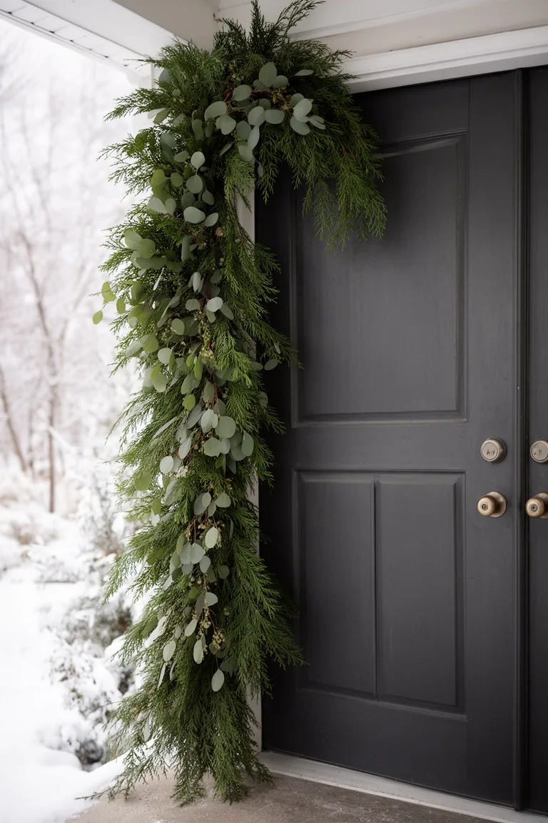 Asymmetrical cedar and eucalyptus garland draped on one side of a charcoal front door