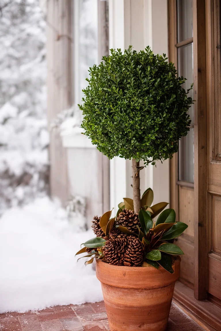 Small potted boxwood tree beside a winter door with tucked-in pinecones and magnolia leaves