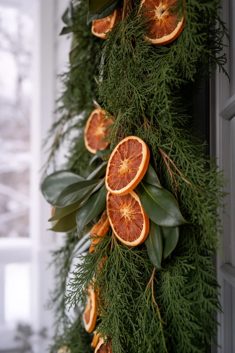 Fresh cedar garland with dried orange slices and glossy magnolia leaves woven through
