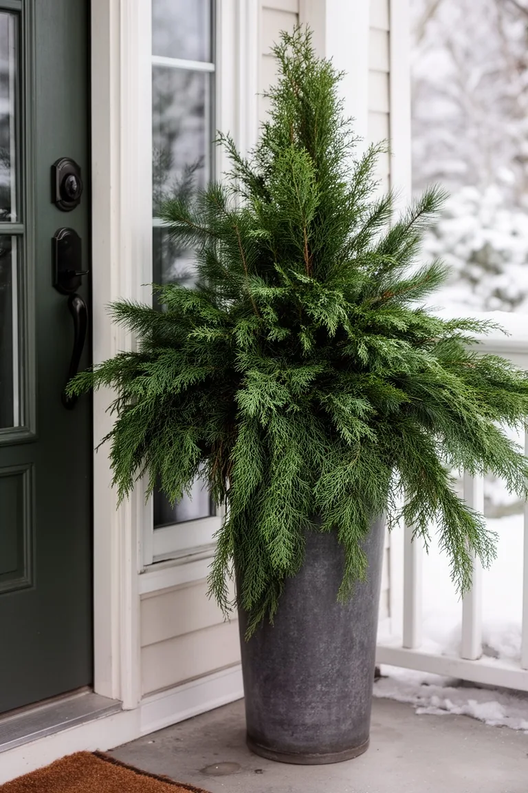 Lush evergreen porch arrangement with juniper and pine branches by a front entry