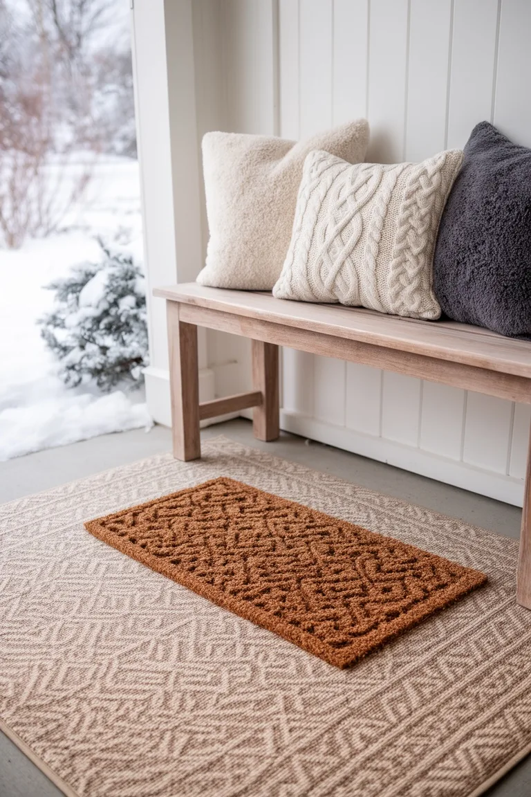 Neutral outdoor rug layered under a patterned coir doormat with cable knit pillows on a wooden porch bench