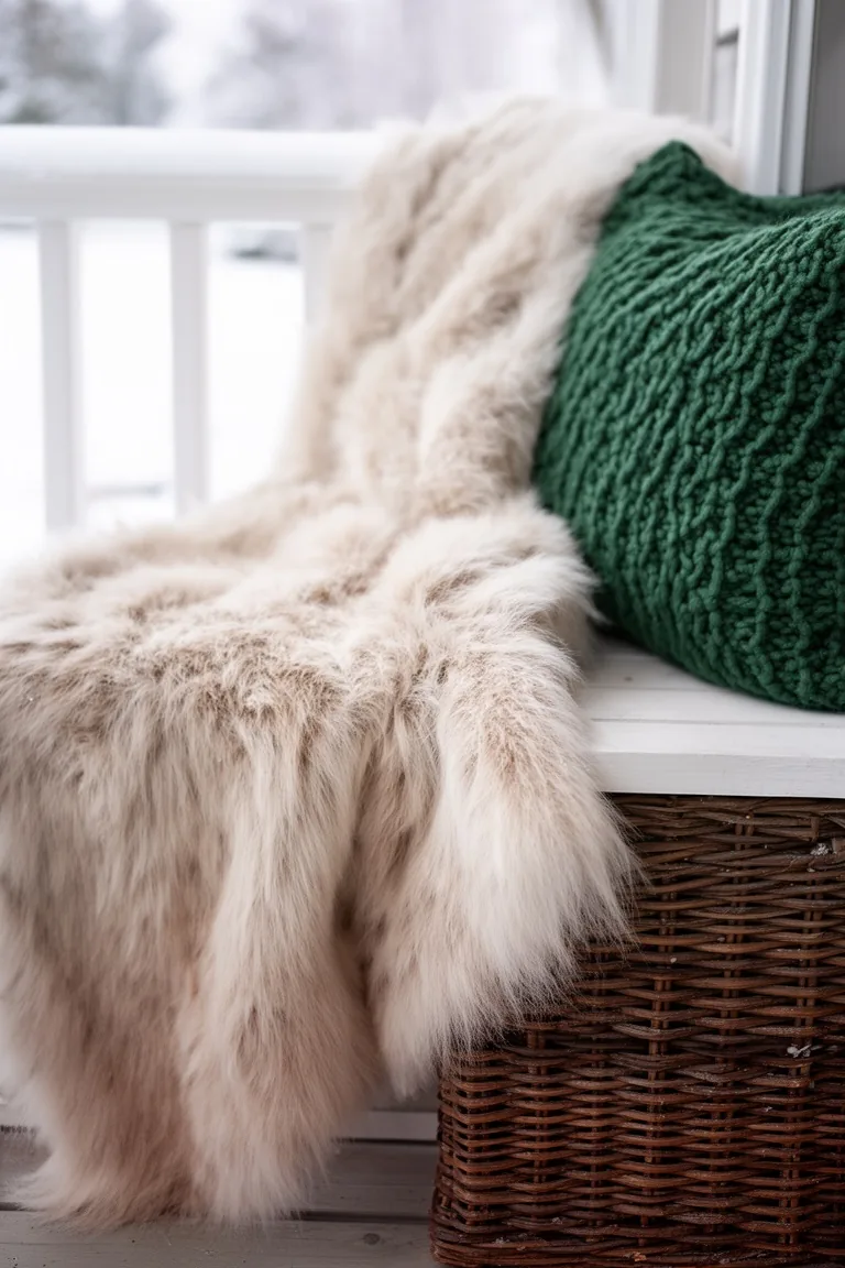 Soft faux-fur throw draped over a porch bench beside a chunky knit cushion and a woven wicker basket