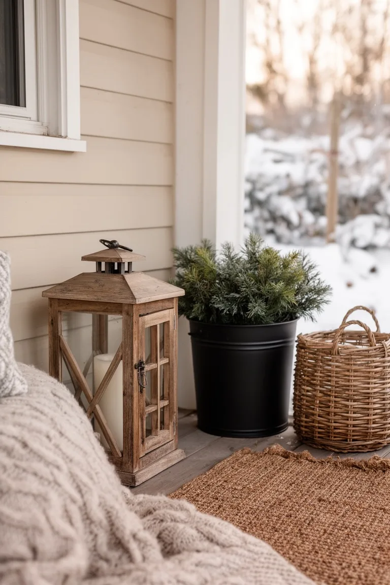 Cozy porch corner with a rustic wood lantern, a matte black metal planter and a wicker basket