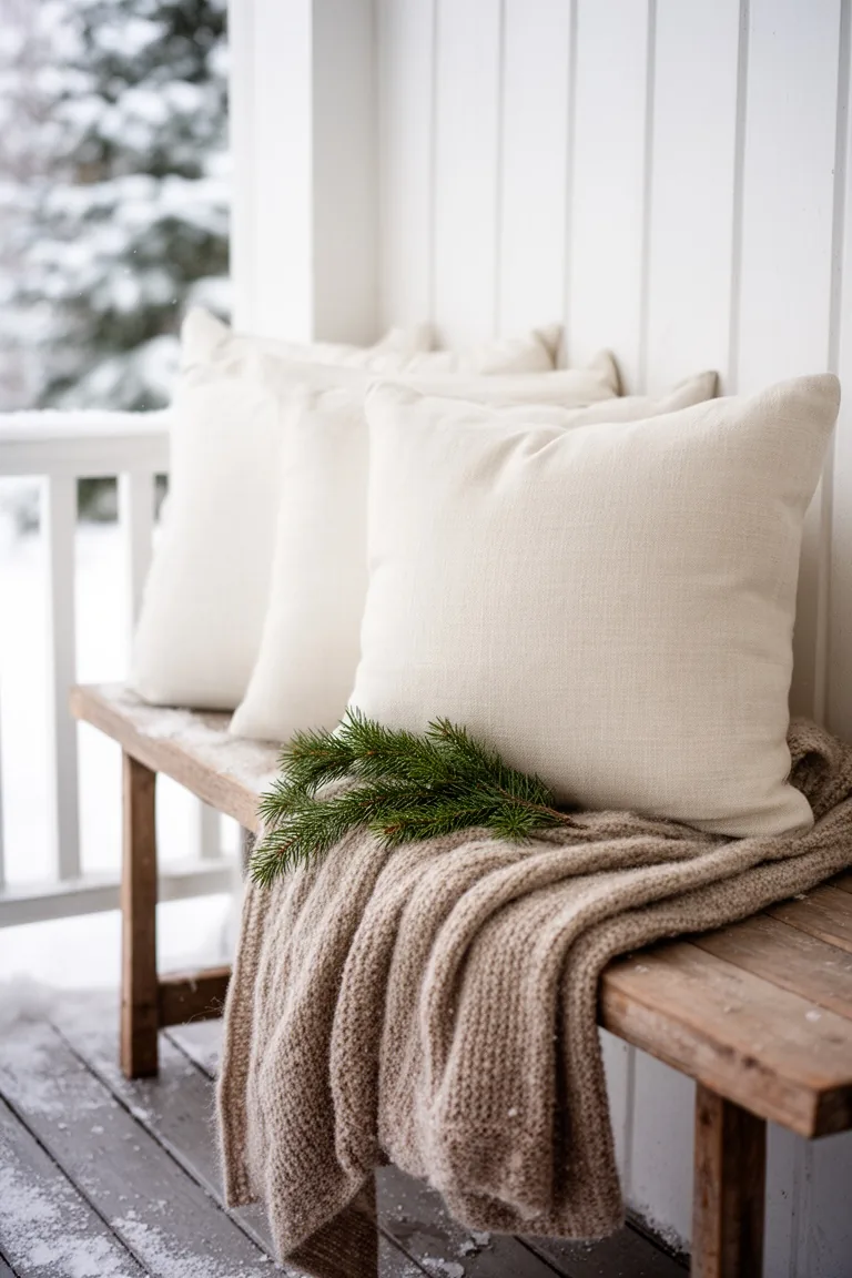 Styled porch bench with stacked cream and oatmeal pillows, a folded wool throw, and an evergreen sprig