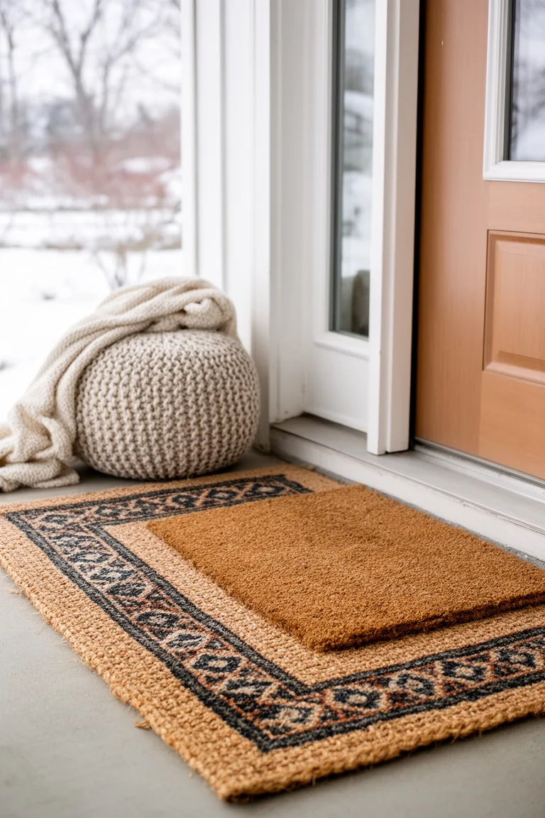 Inviting porch entry with a layered jute and patterned doormat combo and a textured throw