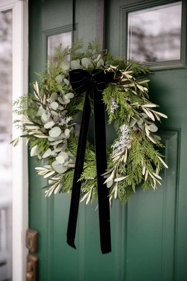 Mixed greenery winter wreath of cedar, eucalyptus and olive branches with a black velvet ribbon