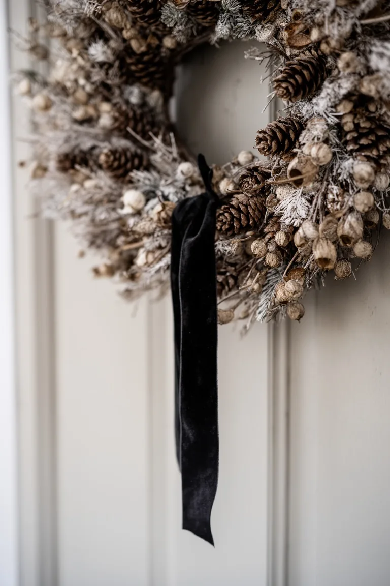 Moody neutral winter wreath with pinecones, dried seed pods and a long velvet ribbon tail
