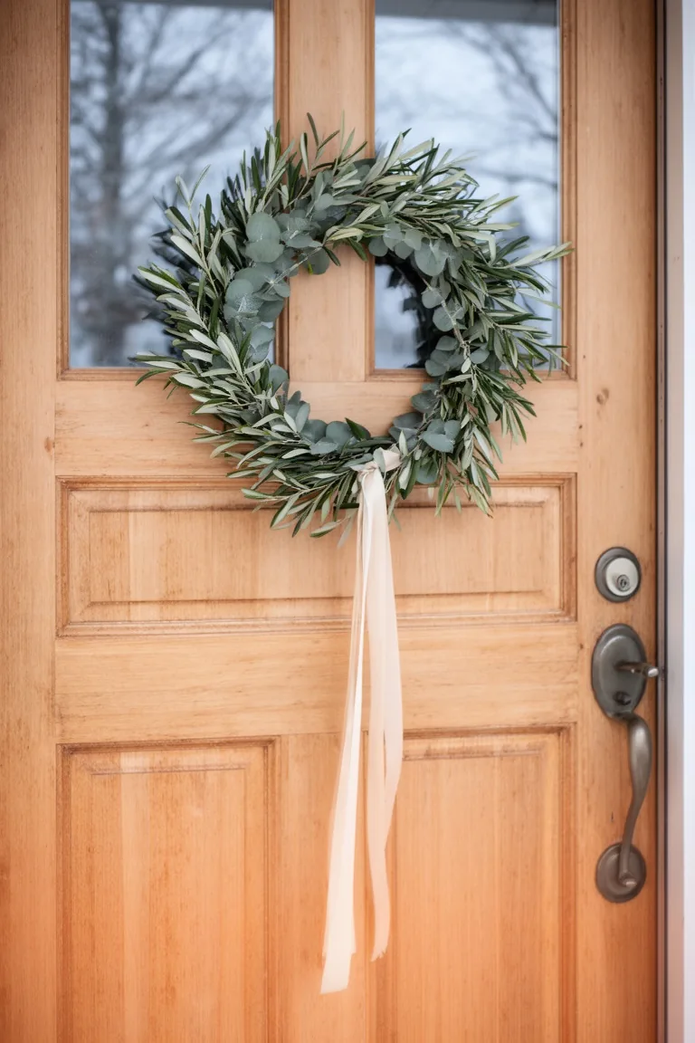 Simple eucalyptus and olive branch wreath hung low with an extra-long ribbon on a wood door