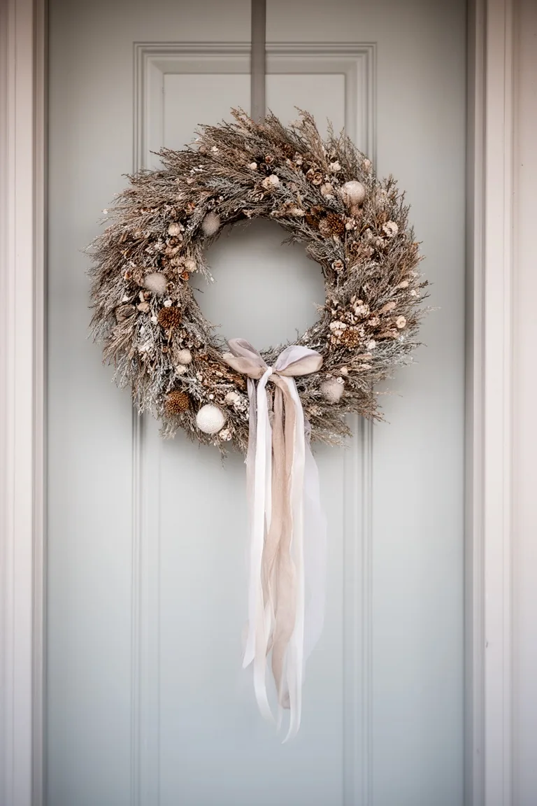 Elegant winter front door wreath with subtle dried elements and trailing ribbon