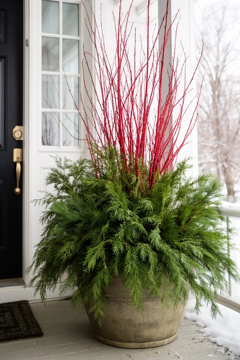 Large winter porch planter filled with cedar, juniper and pine branches with tall red dogwood stems