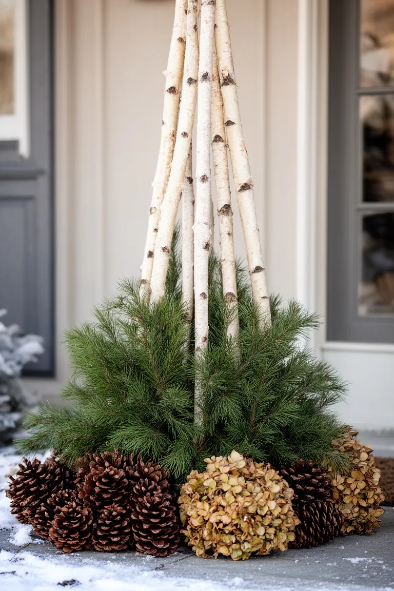 Triangular winter planter with tall birch poles in back, evergreens in the middle, pinecones low in front