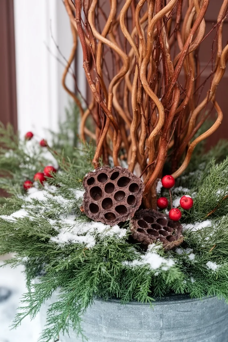 Winter container with evergreen branches, curly willow, lotus pods and subtle faux berries