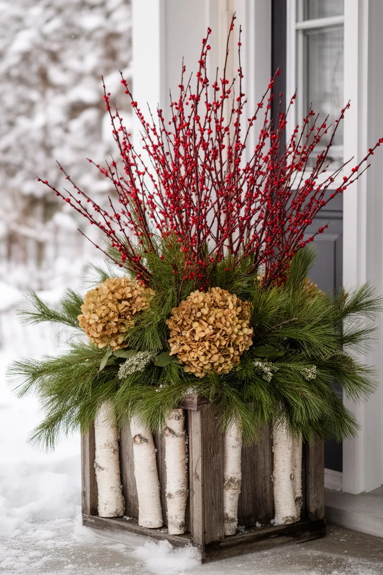 Structural winter porch planter with red dogwood branches, pine, dried hydrangea and birch accents