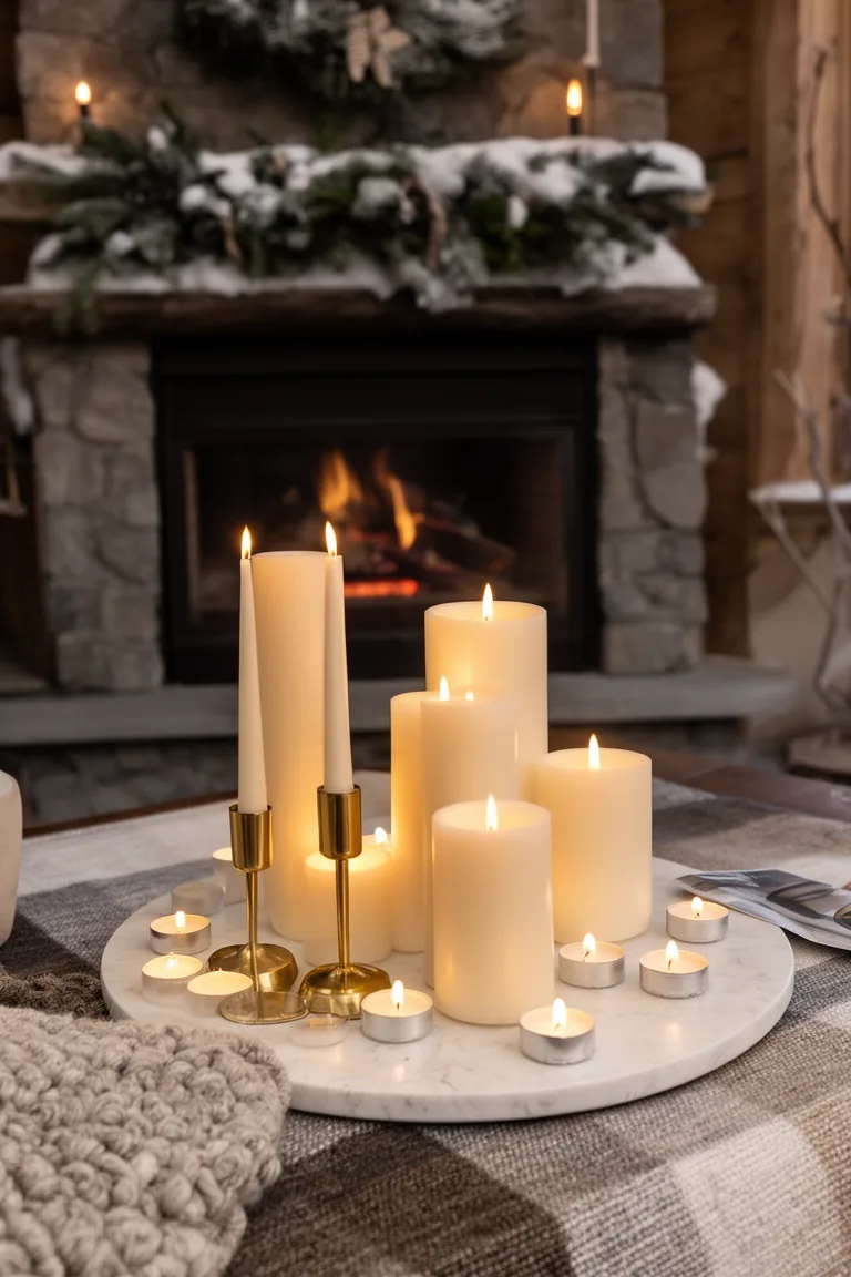 Candlelight cluster of varied-height candles on a marble tray on a mantel