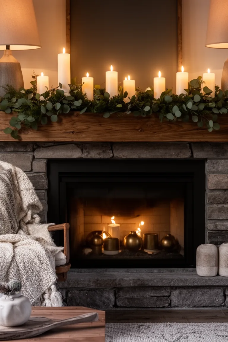 Flameless pillar candles tucked into greenery on a moody winter mantel