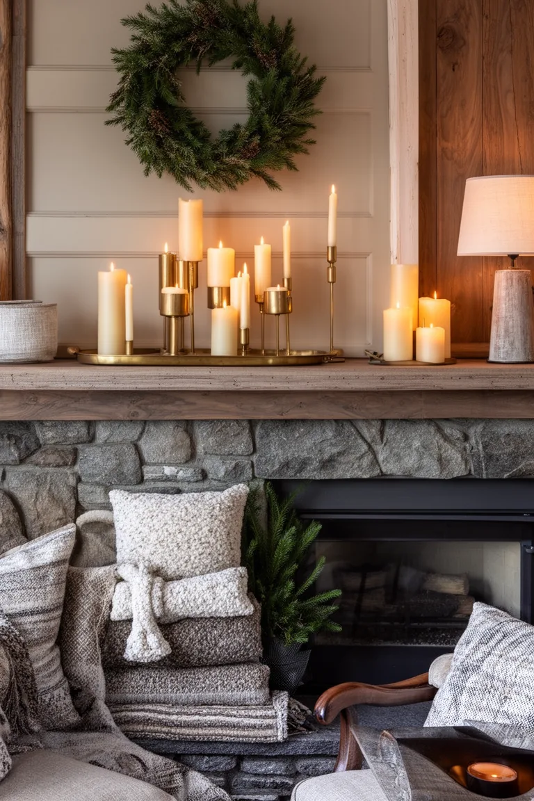 Brass tray of mixed taper holders and cream candles at varied heights