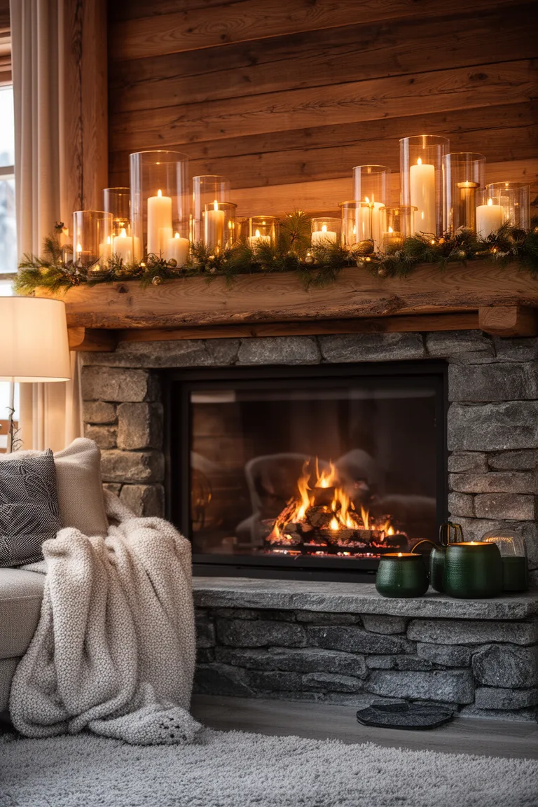 Tealights and pillar candles in glass hurricanes along a wood mantel