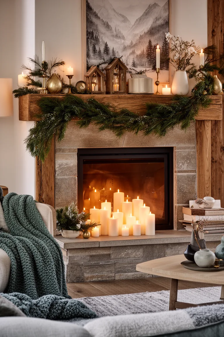 Grouping of warm white candles in different sizes on a winter hearth