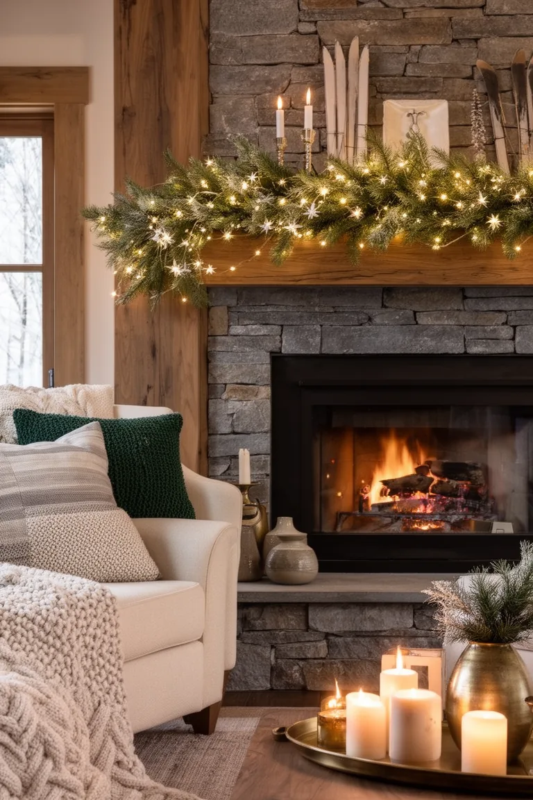 Warm fairy lights woven through an evergreen garland on a mantel
