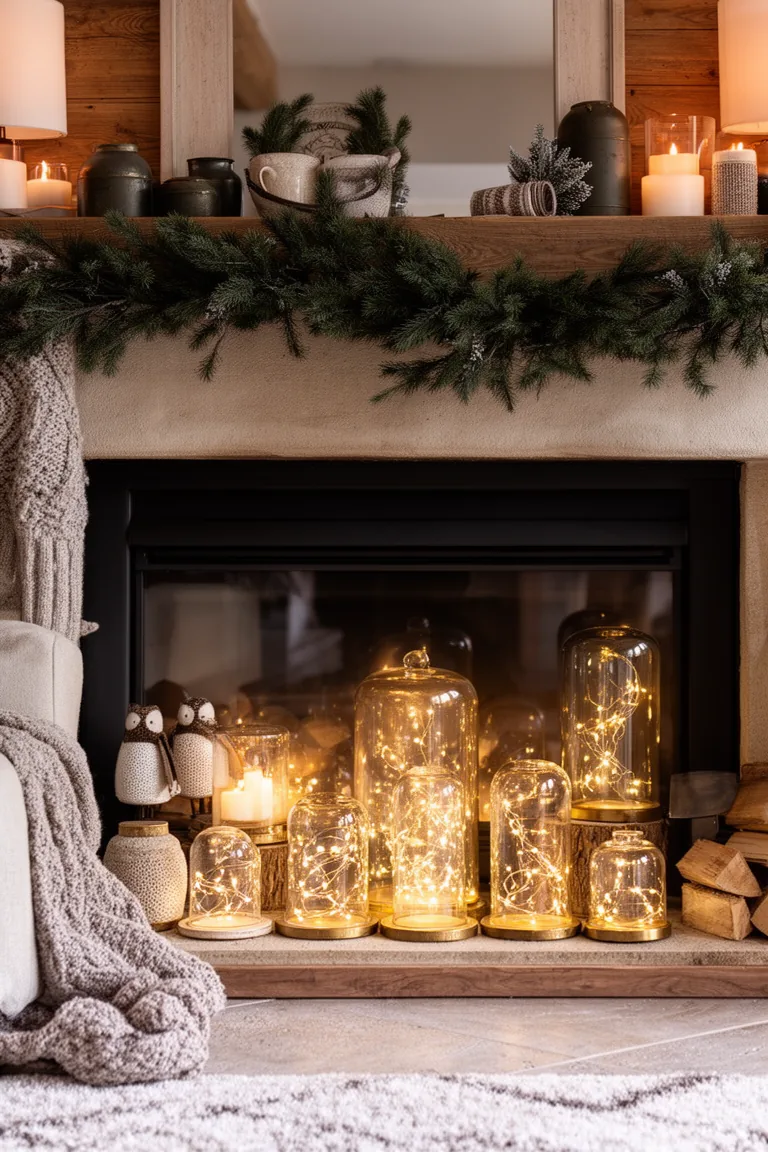 Glass cloches and jars filled with fairy lights on a winter hearth