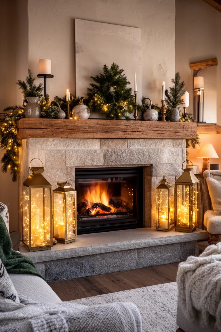 Lanterns filled with fairy lights flanking a styled fireplace