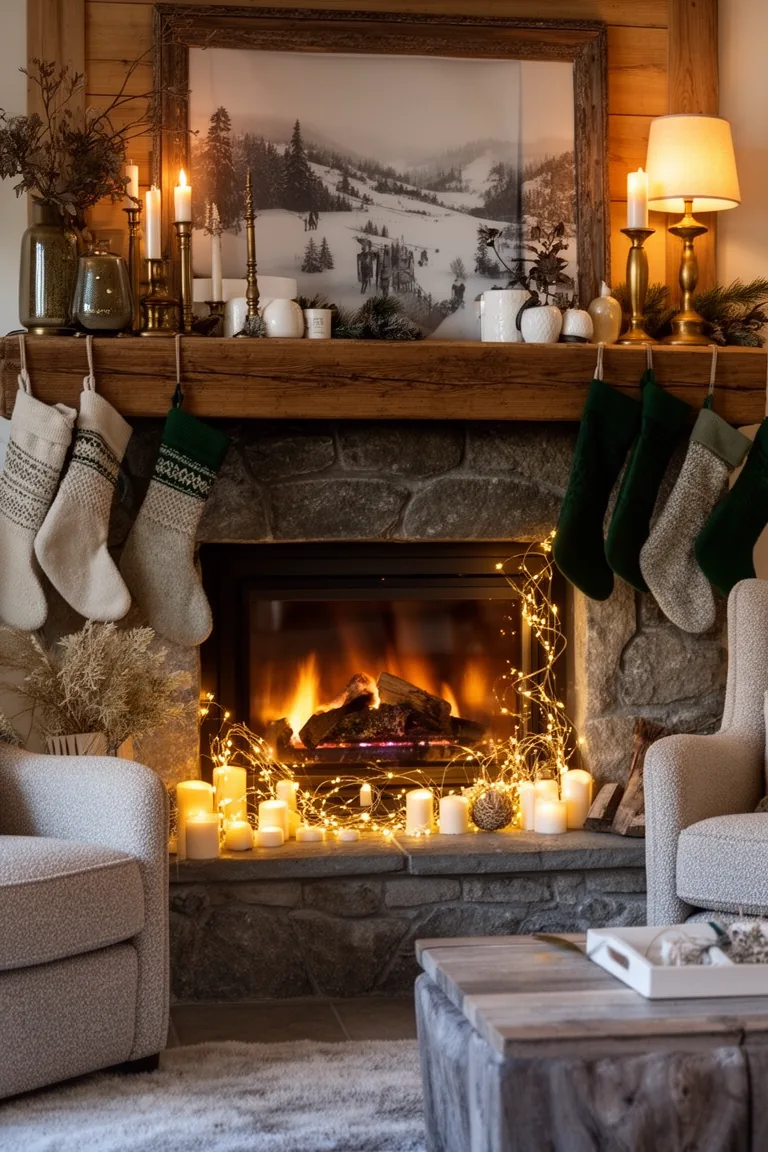 Hearth wrapped with delicate fairy lights and candles for a snug evening