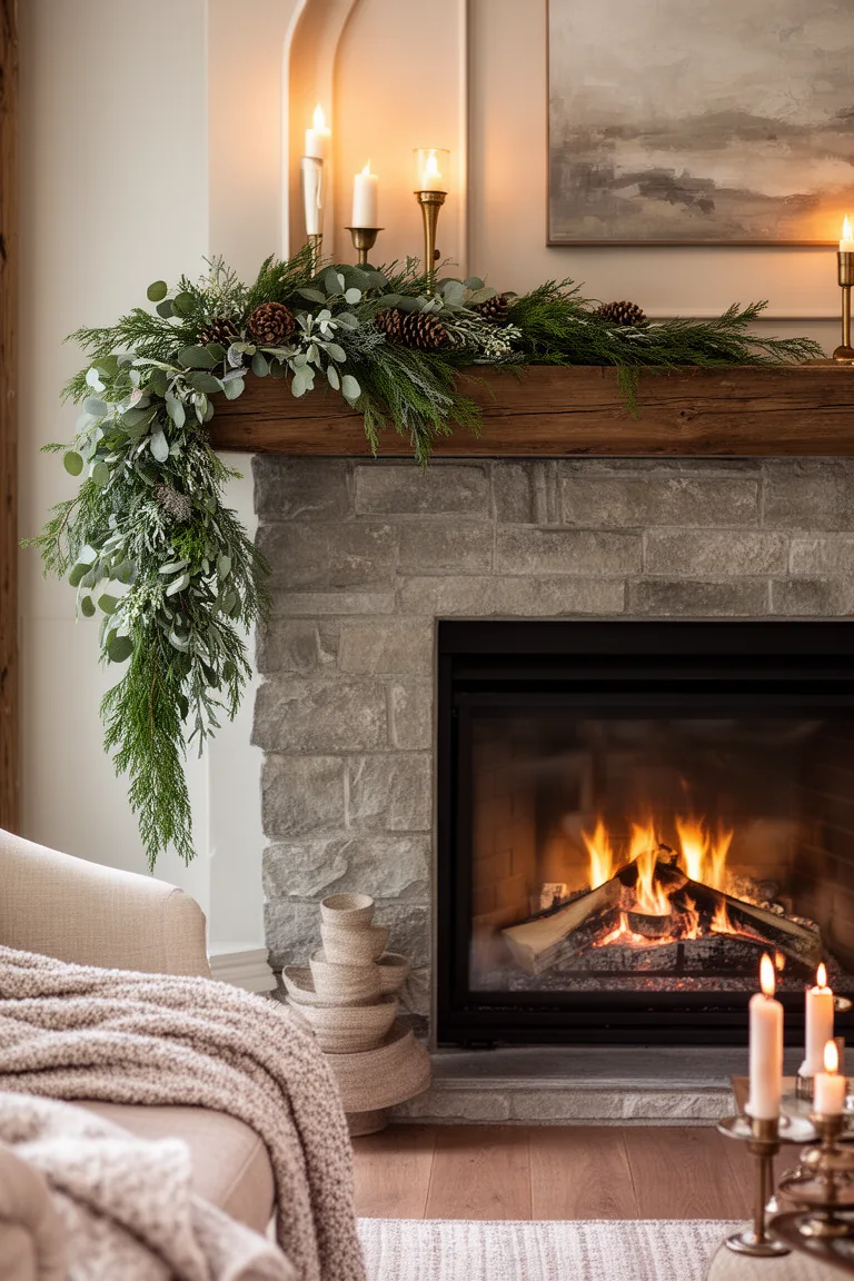 Asymmetrical eucalyptus cedar juniper garland cascading along a mantel