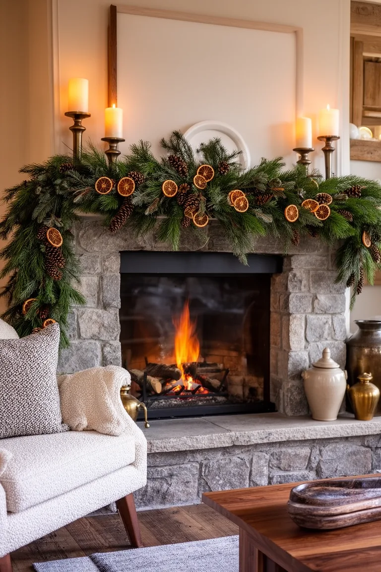 Evergreen garland across a mantel with dried oranges and pinecones