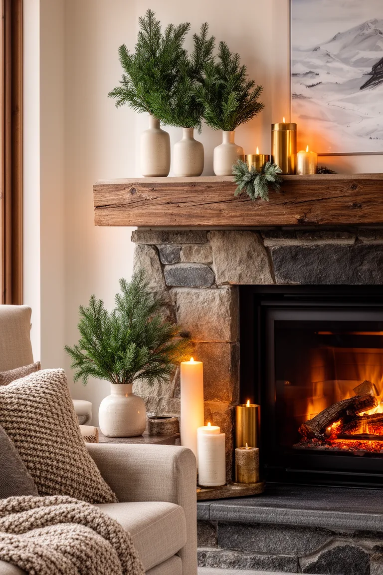 Ceramic vases of cedar and juniper sprigs styled on a winter mantel
