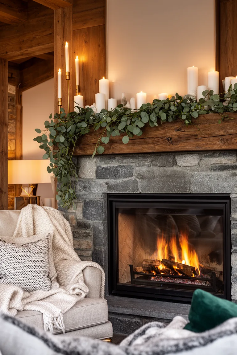 Trailing eucalyptus greenery with white candles on a winter mantel