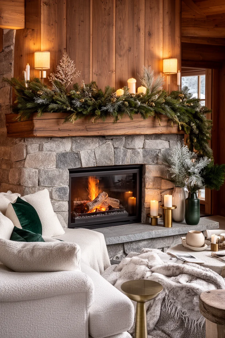 Mixed winter greens in a relaxed garland over a hearth with pinecones