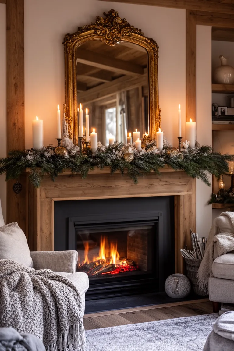 Gilded vintage mirror above a winter mantel reflecting candlelight