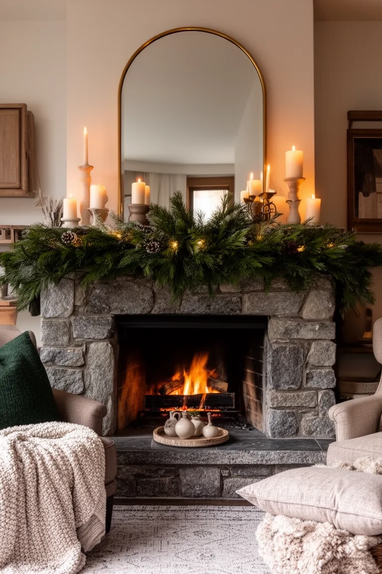 Arched mirror above a stone fireplace with warm greenery below