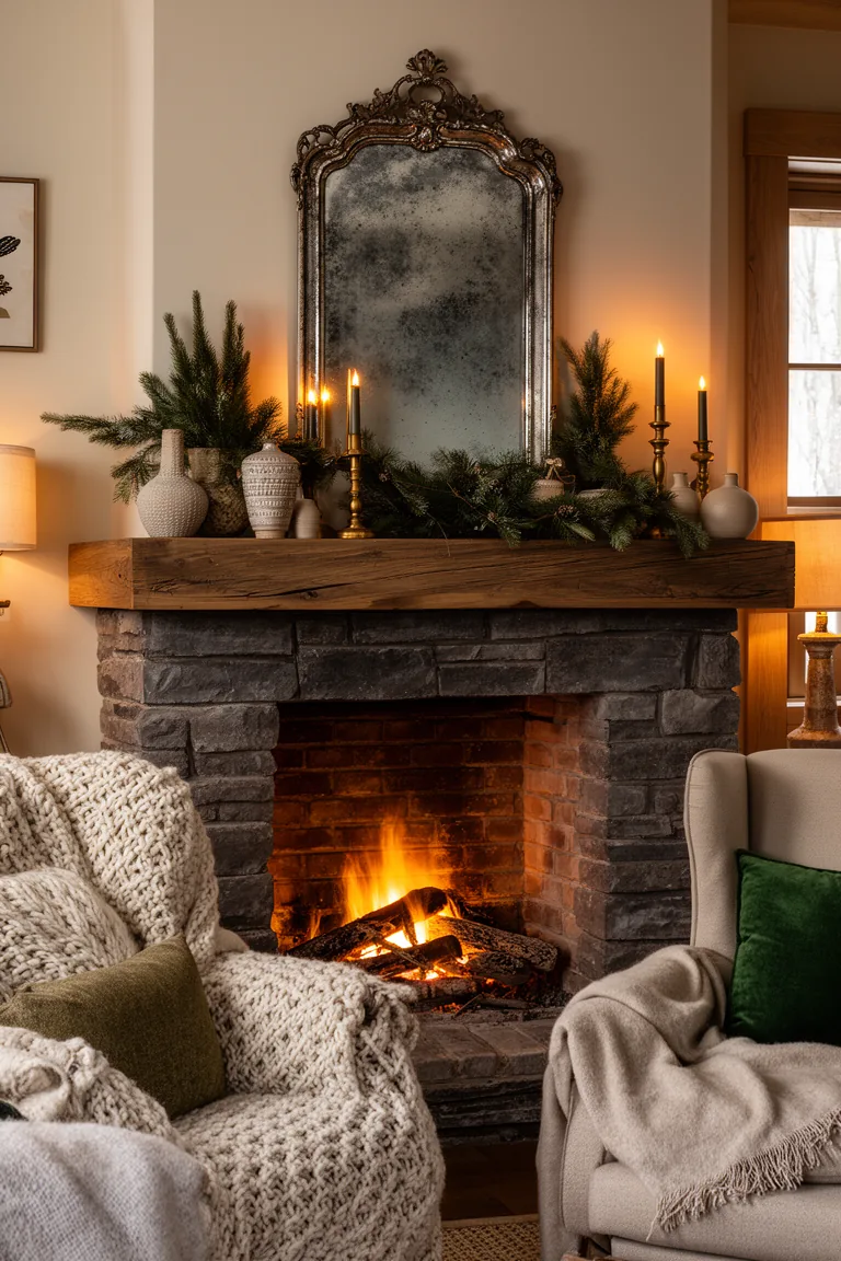 Antique mercury glass mirror over a brick fireplace in winter light