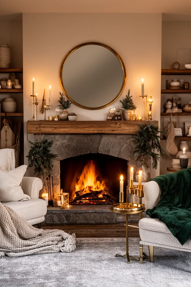 Round brass-framed mirror above a styled mantel bouncing firelight