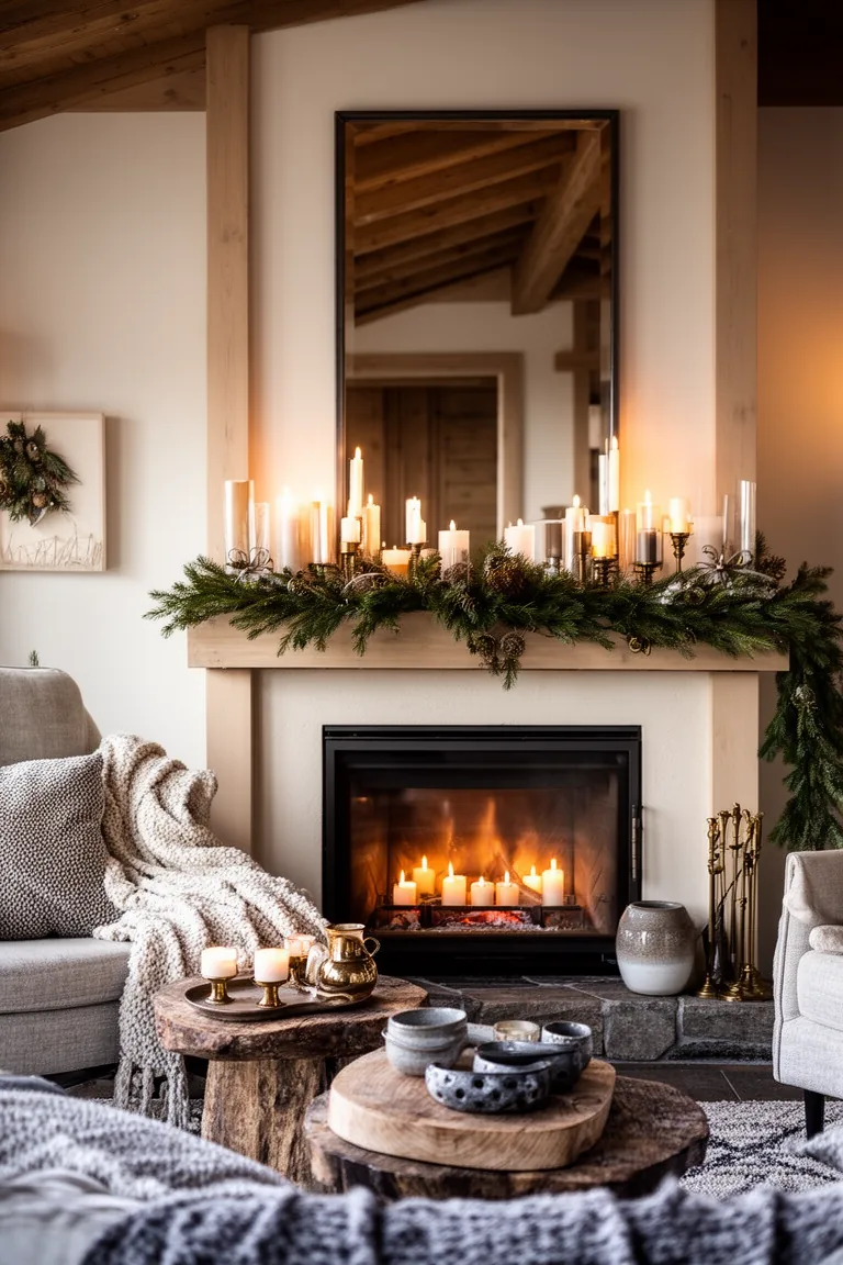 Tall rectangular mirror above a low mantel reflecting candles